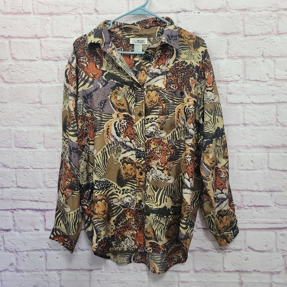 VTG Metro Express Animal Print Button Shirt Women M 100% Silk Retro Indie Sleaze